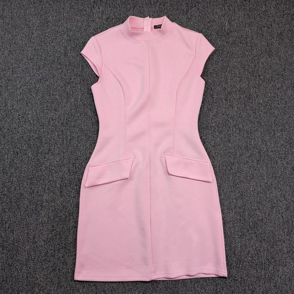Ofeefan Modern Mod Mock Neck Sheath Dress S Pink Cap Sleeve Pocket Detail Mini — photo 2